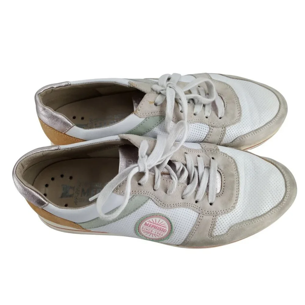 Mephisto Lora Low Top Comfort Sneakers Size 7.5 Leather Suede Ceramic White